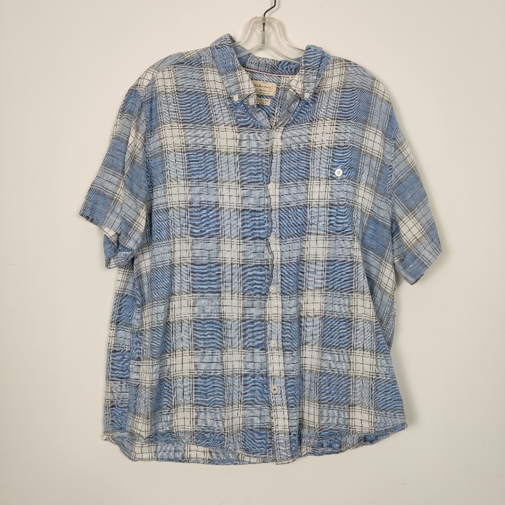 Weatherproof Men's Linen & Cotton Plaid Button Down Shirt in Blue Size XL